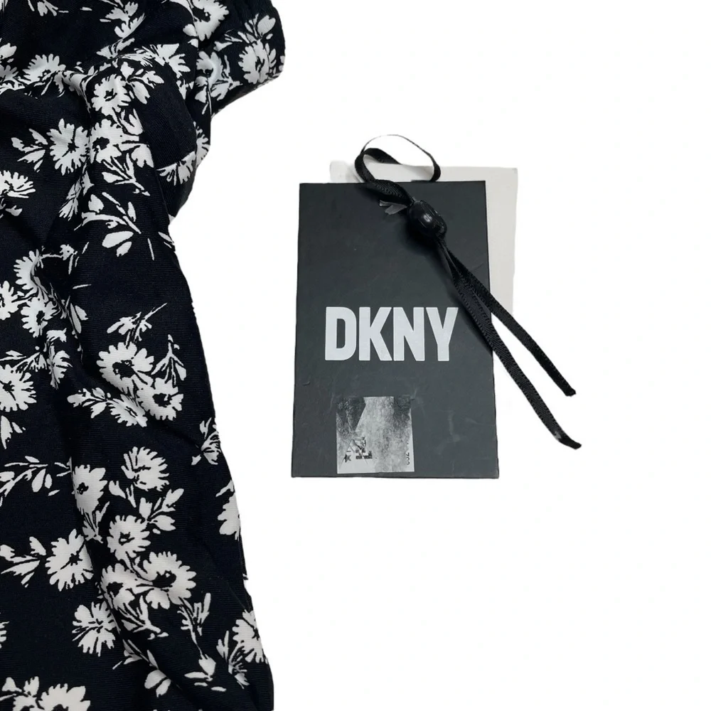 DKNY Ruffle Neck One-Piece Swimsuit Black White Floral Size 4 New - Picture 2 of 7